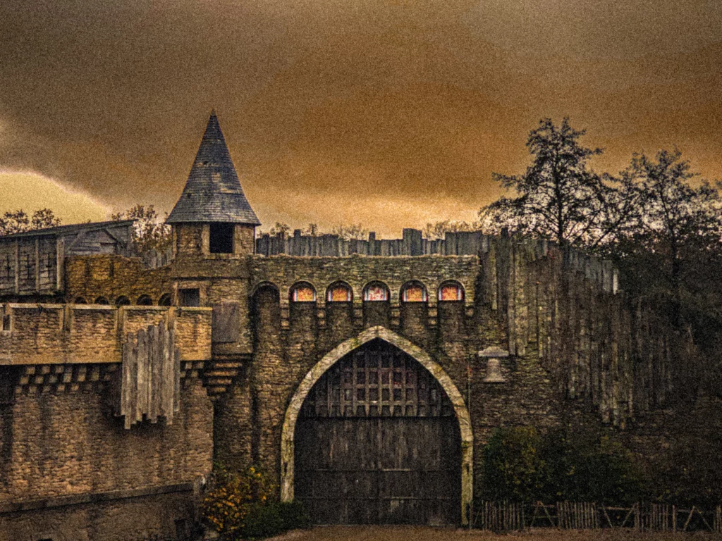 Chateau des décors du Puy du Fou - dans une ambiance jaune étrange presque féérique - sortie d'un conte de fée