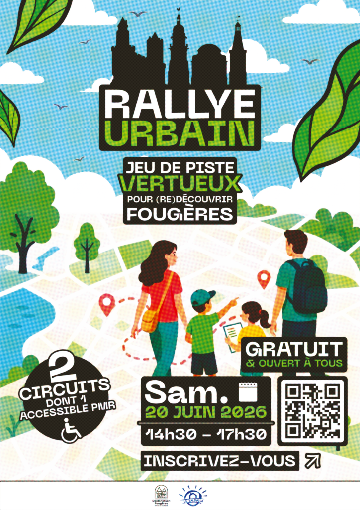 Affiche pour le rallye urbain à Fougères, jeu de piste gratuit et ouvert à tous